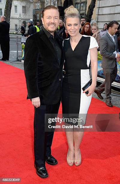 Actor Ricky Gervais and Jane Fallon attend the VIP screening of "The Muppets Most Wanted" at The Curzon Mayfair on March 24, 2014 in London, England.