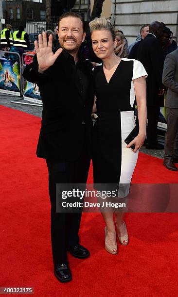 Ricky Gervais and Jane Fallon attend a VIP screening of 'The Muppets Most Wanted' at The Curzon Mayfair on March 24, 2014 in London, England.