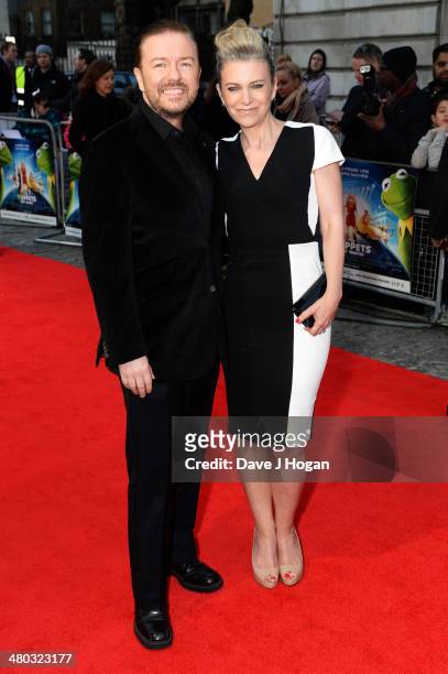 Ricky Gervais and Jane Fallon attend a VIP screening of 'The Muppets Most Wanted' at The Curzon Mayfair on March 24, 2014 in London, England.