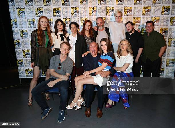 Back row: actresses Sophie Turner, Carice van Houten, executive producer Carolyn Straus, actors Hannah Murray, Liam Cunningham, Gwendoline Christie...