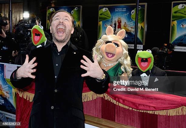 Kermit the Frog, actor Ricky Gervais, Miss Piggy and Constantine attend the VIP screening of "The Muppets Most Wanted" at The Curzon Mayfair on March...