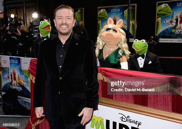 Kermit the Frog, actor Ricky Gervais, Miss Piggy and Constantine attend the VIP screening of "The Muppets Most Wanted" at The Curzon Mayfair on March...