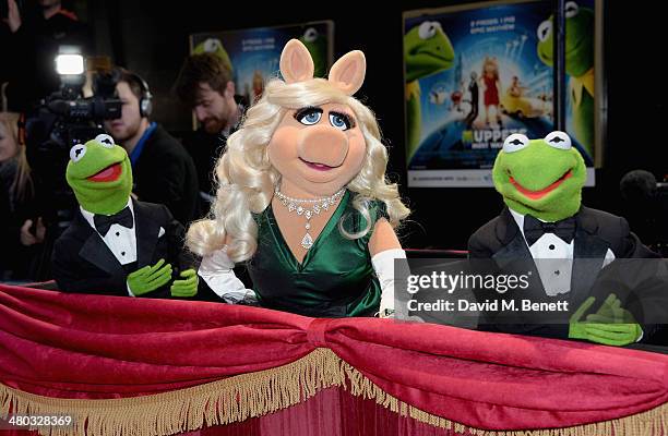 Kermit the Frog, Miss Piggy and Constantine attend the VIP screening of "The Muppets Most Wanted" at The Curzon Mayfair on March 24, 2014 in London,...