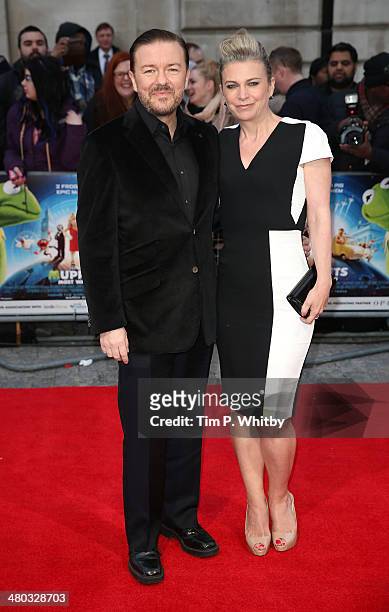 Ricky Gervais and Jane Fallon attend the VIP screening of "The Muppets Most Wanted" at The Curzon Mayfair on March 24, 2014 in London, England.