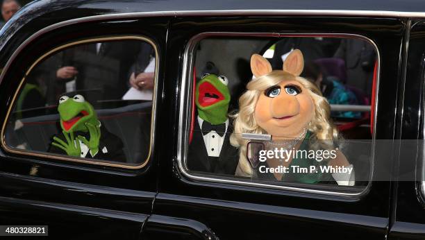 Constantine, Kermit The Frog and Miss Piggy attend the VIP screening of "The Muppets Most Wanted" at The Curzon Mayfair on March 24, 2014 in London,...