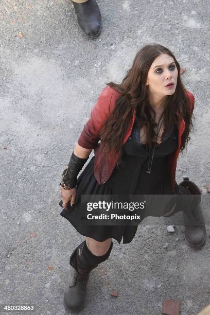 Elizabeth Olsen is seen filming on location for "Avengers: Age of Ultron" on March 24, 2014 in Aosta, Italy.