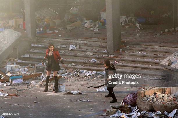 Elizabeth Olsen and Jeremy Renner seen filming on location for "Avengers: Age of Ultron" on March 24, 2014 in Aosta, Italy.