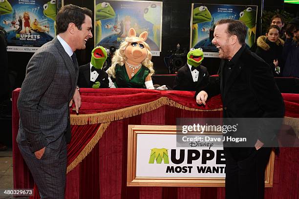 Ty Burrell and Ricky Gervais attend a VIP screening of 'The Muppets Most Wanted' at The Curzon Mayfair on March 24, 2014 in London, England.