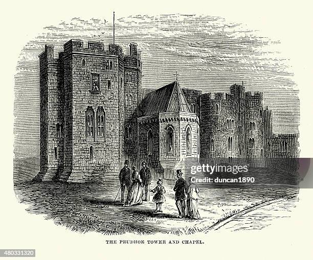 ilustraciones, imágenes clip art, dibujos animados e iconos de stock de castillo de alnwick-capilla y torre de prudhoe - alnwick castle
