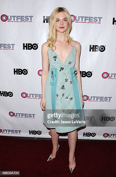 Actress Elle Fanning attends the opening night gala of "Tig" at the 2015 Outfest Los Angeles LGBT film festival at Orpheum Theatre on July 9, 2015 in...