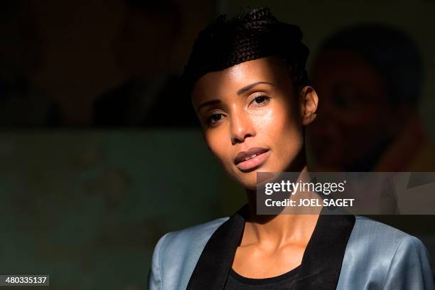 French actress and former Miss France Sonia Rolland poses, on March 24, 2014 in Paris, prior to take part in a press conference focused on the art...