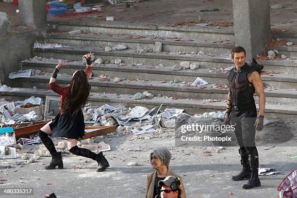 Elizabeth Olsen and Jeremy Renner are seen filming on location for "Avengers: Age of Ultron" on March 24, 2014 in Aosta, Italy.