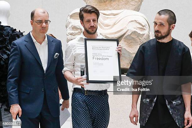 Joachim Schirrmacher, Michael Sontag and Kai Gerhardt during the award ceremony European Fashion Award FASH 2015 by SDBI at Neues Museum Berlin on...
