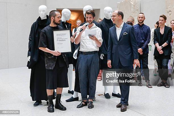 Joachim Schirrmacher, Michael Sontag and Kai Gerhardt during the award ceremony European Fashion Award FASH 2015 by SDBI at Neues Museum Berlin on...