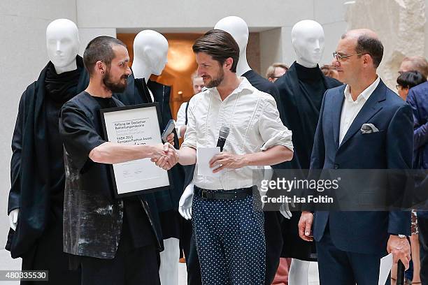 Joachim Schirrmacher, Michael Sontag and Kai Gerhardt during the award ceremony European Fashion Award FASH 2015 by SDBI at Neues Museum Berlin on...
