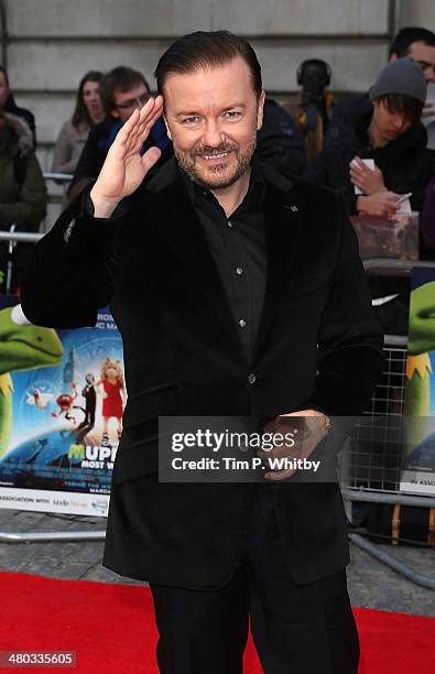 Ricky Gervais attends the VIP screening of "The Muppets Most Wanted" at The Curzon Mayfair on March 24, 2014 in London, England.