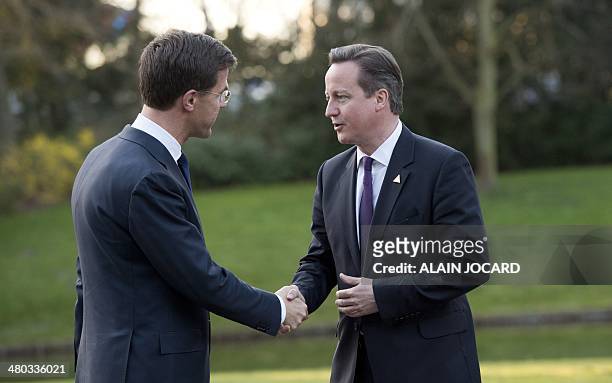 Netherlands Prime minister Mark Rutte , welcomes British Prime minister David Cameron as they arrive for a G7 summit, as part of the nuclear security...