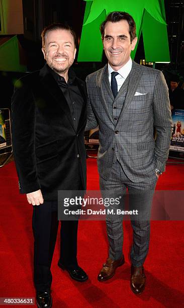 Actors Ricky Gervais and Ty Burrell attend the VIP screening of "The Muppets Most Wanted" at The Curzon Mayfair on March 24, 2014 in London, England.