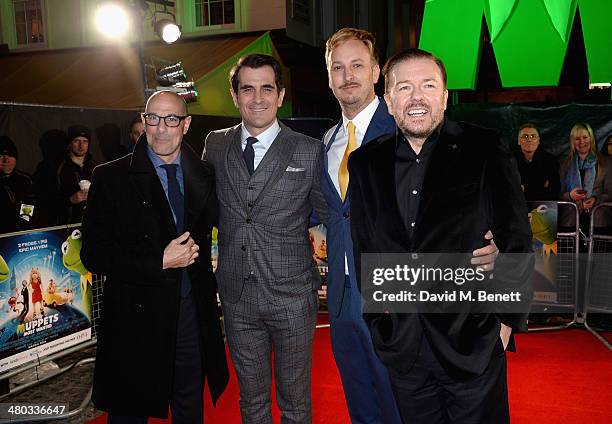 Actors Stanley Tucci, Ty Burrell, Director James Bobin and actor Ricky Gervais attend the VIP screening of "The Muppets Most Wanted" at The Curzon...