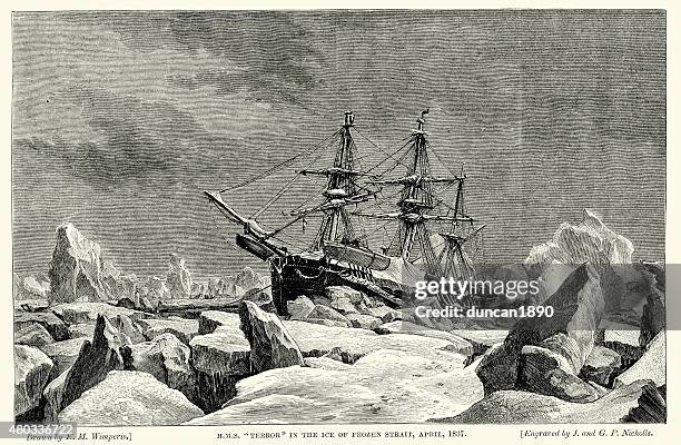 hms terror frozen in the ice, 1837 - hms terror stock illustrations