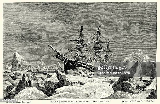 hms terror frozen in the ice, 1837 - exploration stock illustrations