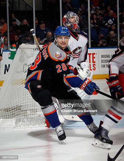 Johan Sundstrom of the New York Islanders skates against the Columbus Blue Jackets at the Nassau Veterans Memorial Coliseum on March 23, 2014 in...