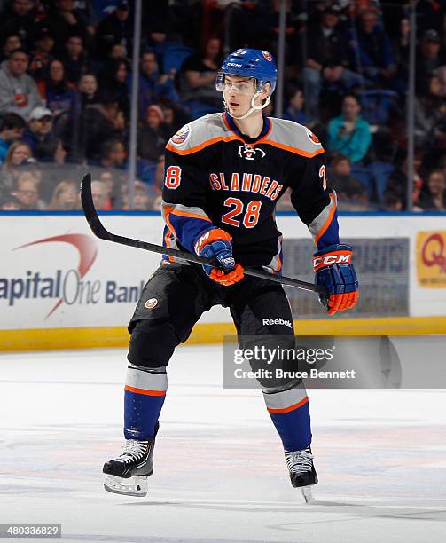 Johan Sundstrom of the New York Islanders skates against the Columbus Blue Jackets at the Nassau Veterans Memorial Coliseum on March 23, 2014 in...