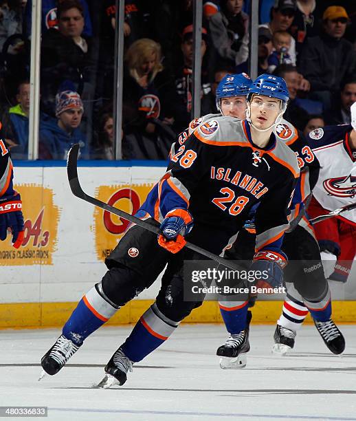 Johan Sundstrom of the New York Islanders skates against the Columbus Blue Jackets at the Nassau Veterans Memorial Coliseum on March 23, 2014 in...