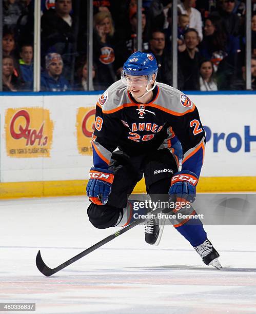 Johan Sundstrom of the New York Islanders skates against the Columbus Blue Jackets at the Nassau Veterans Memorial Coliseum on March 23, 2014 in...