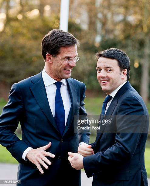 Italian Prime Minister Matteo Renzi is greeted by Dutch Prime Minister Mark Rutte upon arriving for a meeting of G7 leaders on March 24, 2014 in The...