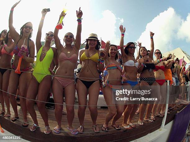 Spring breakers attend mtvU Spring Break 2014 at the Grand Oasis Hotel on March 21, 2014 in Cancun, Mexico. "mtvU Spring Break" starts airing March...