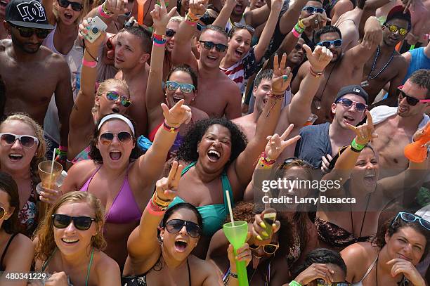 Spring breakers attend mtvU Spring Break 2014 at the Grand Oasis Hotel on March 21, 2014 in Cancun, Mexico. "mtvU Spring Break" starts airing March...