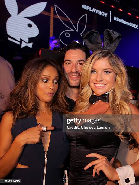 Actors Lesley-Ann Brandt, Tom Ellis and Miss October 2013 Carly Lauren attend Playboy and Gramercy Pictures' Self/less party during Comic-Con weekend...