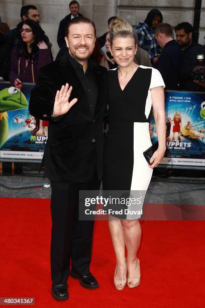 Ricky Gervais and Jane Fallon attend the VIP screening of 'Muppets Most Wanted' at The Curzon Mayfair on March 24, 2014 in London, England.