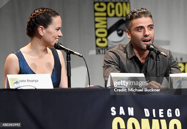 Actors Daisy Ridley and Oscar Isaac at the Hall H Panel for "Star Wars: The Force Awakens" during Comic-Con International 2015 at the San Diego...