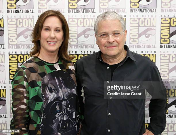 Producer Kathleen Kennedy and screenwriter Lawrence Kasdan at the Hall H Panel for "Star Wars: The Force Awakens" during Comic-Con International 2015...