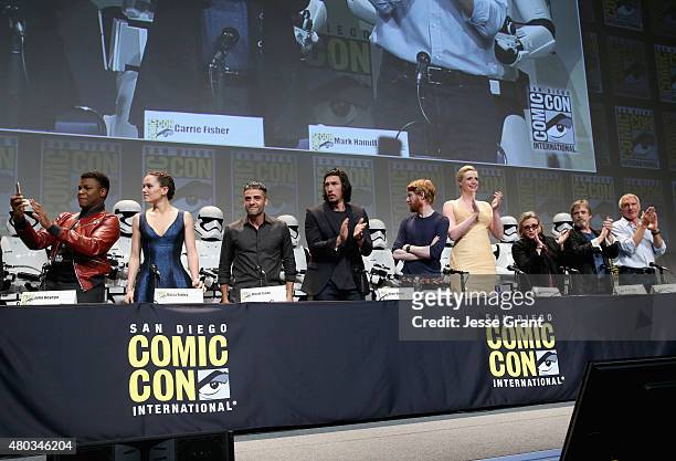 Actors John Boyega, Daisy Ridley, Oscar Isaac, Adam Driver, Domhnall Gleeson, Gwendoline Christie, Carrie Fisher, Mark Hamill and Harrison Ford at...