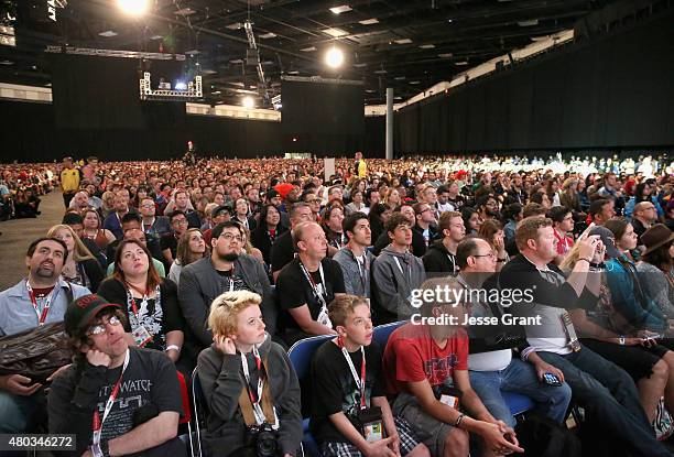 Star Wars fans at the Hall H Panel for "Star Wars: The Force Awakens" during Comic-Con International 2015 at the San Diego Convention Center on July...