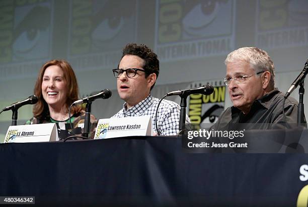 Producer Kathleen Kennedy, director J.J. Abrams and screenwriter Lawrence Kasdan at the Hall H Panel for "Star Wars: The Force Awakens" during...