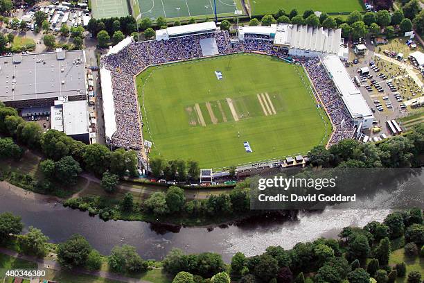 An aerial view of the SWALEC Stadium beside the River Taff during day three of the 1st Investec Ashes Test match between England and Australia, on...