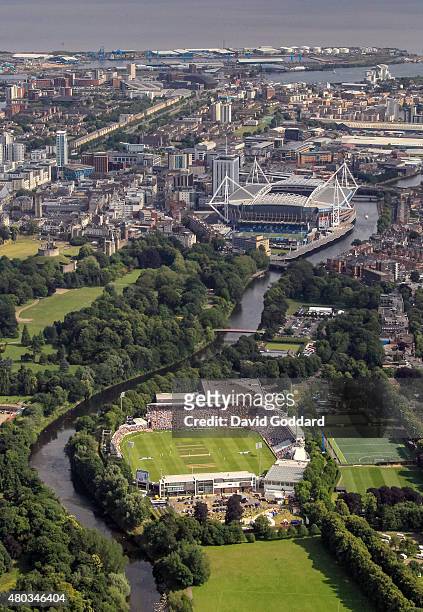 An aerial view of the SWALEC Stadium beside the River Taff, with the Millennium Stadium in the background, during day three of the 1st Investec Ashes...