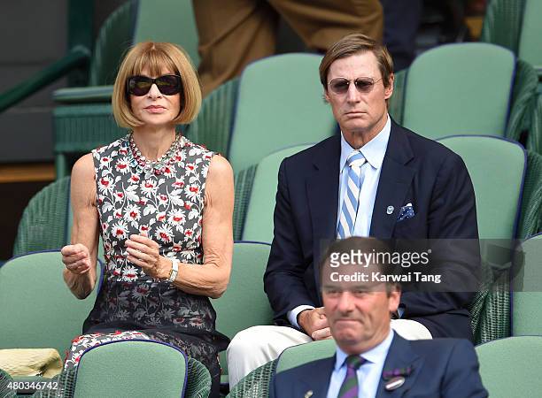 Anna Wintour and Shelby Bryan attend day eleven of the Wimbledon Tennis Championships at Wimbledon on July 10, 2015 in London, England.