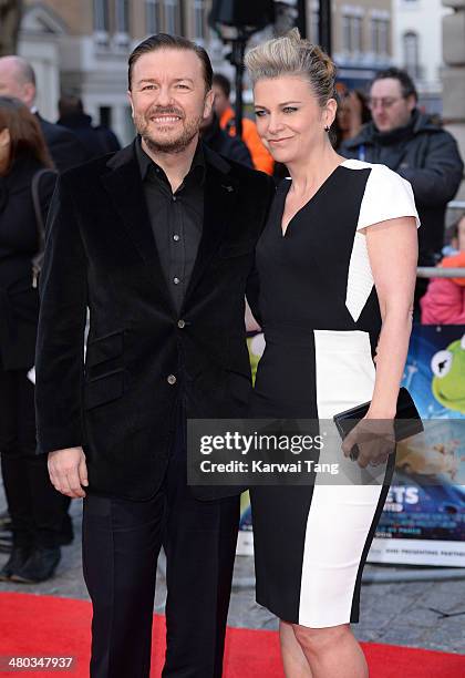 Ricky Gervais and Jane Fallon attend the VIP screening of "The Muppets Most Wanted" at The Curzon Mayfair on March 24, 2014 in London, England.