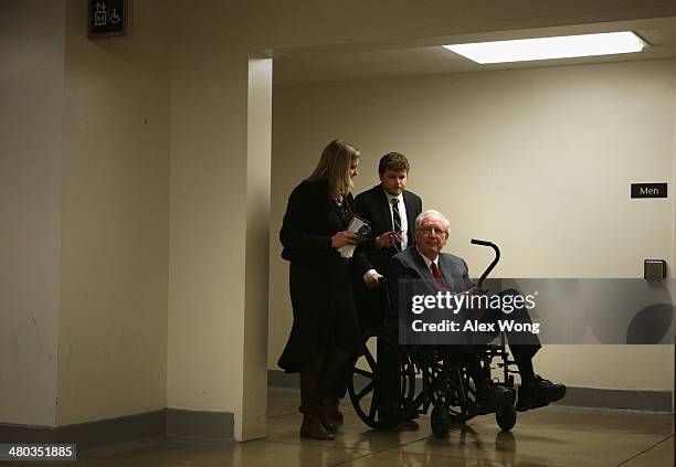 Sen. John Rockefeller arrives at the Capitol for a vote March 24, 2014 on Capitol Hill in Washington, DC. The Senate has passed a cloture vote 78-17...