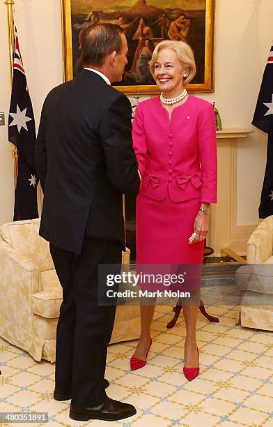 Australian Prime Minister Tony Abbott meets with the Australian Govenor General Quentin Bryce at Government House on March 25, 2014 in Canberra,...