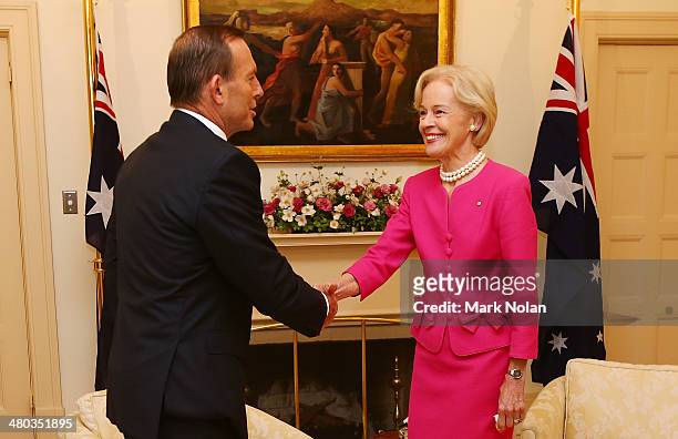 Australian Prime Minister Tony Abbott meets with the Australian Govenor General Quentin Bryce at Government House on March 25, 2014 in Canberra,...