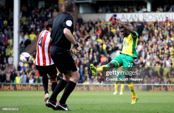 Alexander Tettey of Norwich scores their second goal during the Barclays Premier League match between Norwich City and Sunderland at Carrow Road on...