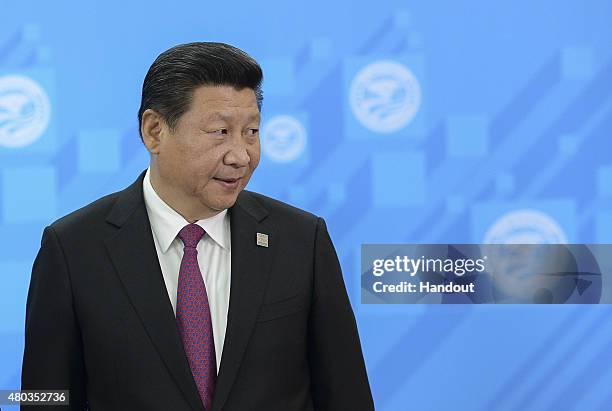 In this handout image supplied by Host Photo Agency/RIA Novosti, President of the People's Republic of China Xi Jinping during a group photograph of...