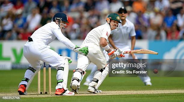 Australia batsman David Warner hits out during day four of the 1st Investec Ashes Test match between England and Australia at SWALEC Stadium on July...