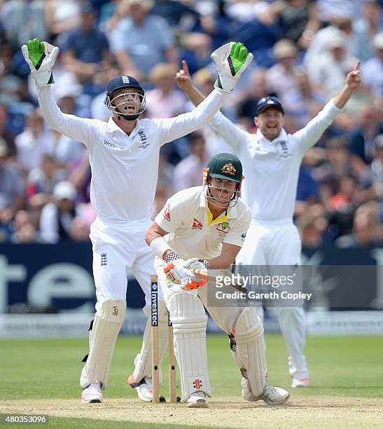Jos Buttler and Adam Lyth of England successfully appeal for the wicket of David Warner of Australia during day four of the 1st Investec Ashes Test...